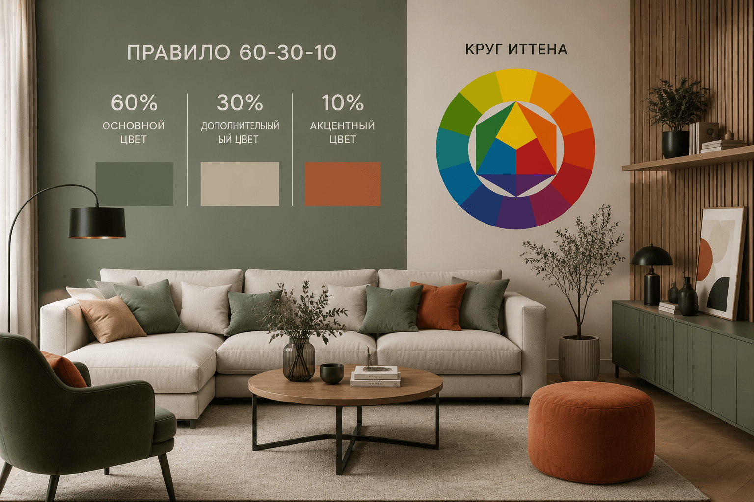 Правило 60-30-10 и круг Иттена: учимся сочетать цвета в интерьере как профессионалы